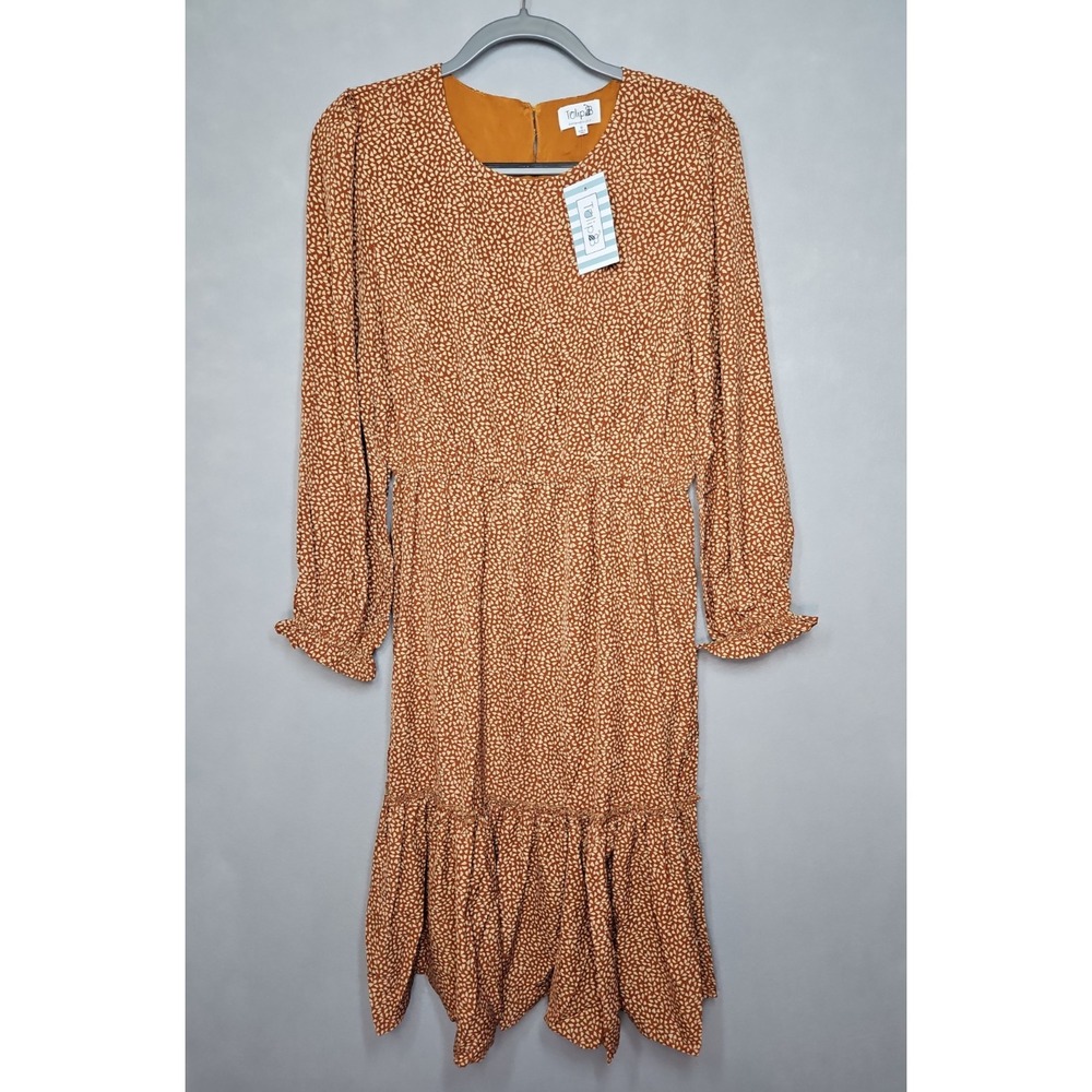 Tulip B Womens Brown Tan Long Sleeve Tiered Dress w/‎ Pockets Size Medium NWT
